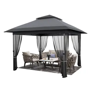 12x12 Pop up Gazebo with Mosquito Netting Metal Frame Canopy with Double Roof Outdoor Canopy Tent with Portable Carrying Bag Party Tent for Garden Backyard Lawn-Gray