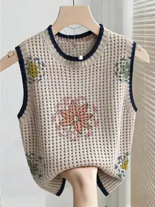 Boho Style Summer Vacation Loose Fit Round Neck Sleeveless Hollow Out Colorblock Floral Cardigan, Women's Knitted Top for Outdoor Wear