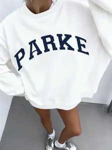 Parke Vintage University Logo Print Round Neck Sweatshirt, Fashion Retro Aesthetic Casual Sportswear, Classic Loose Fit Daily Wear