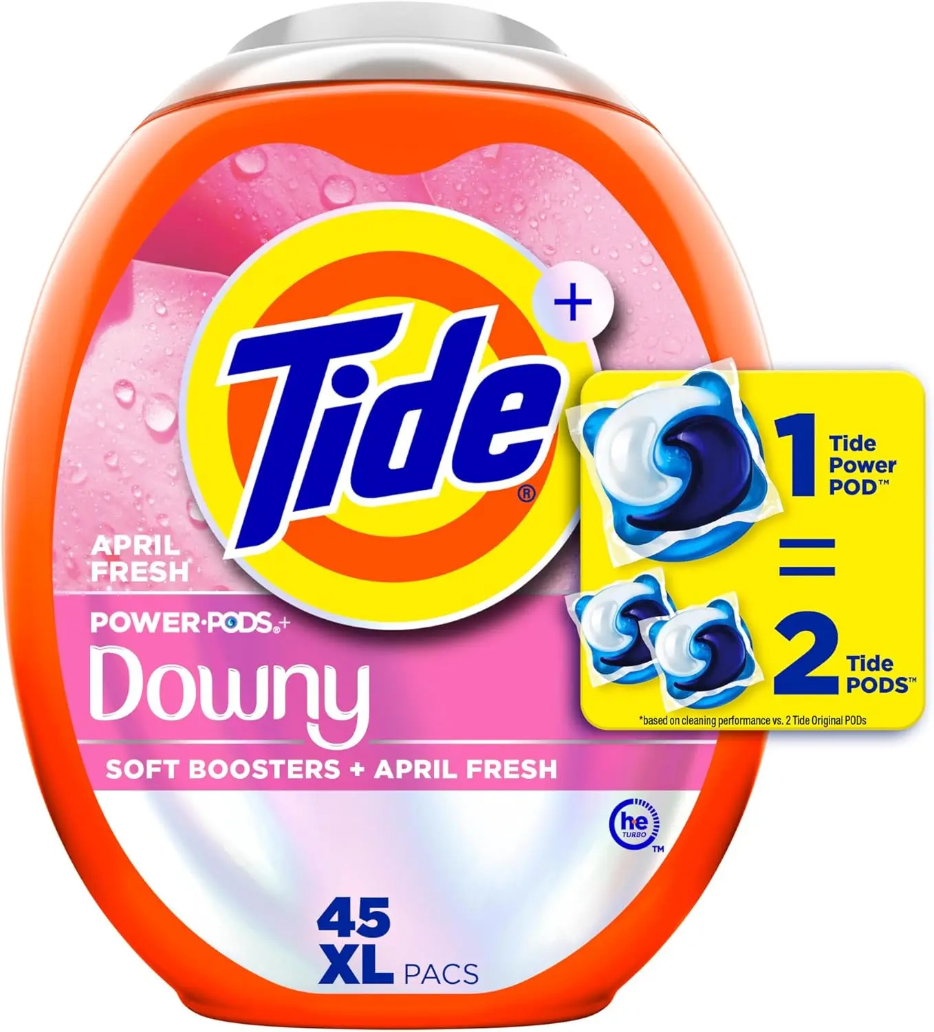 Tide Power PODs Plus Downy Laundry Detergent, Dual Action Pod Capsules with Soft Boosters, April Fresh Scent, 45 Count