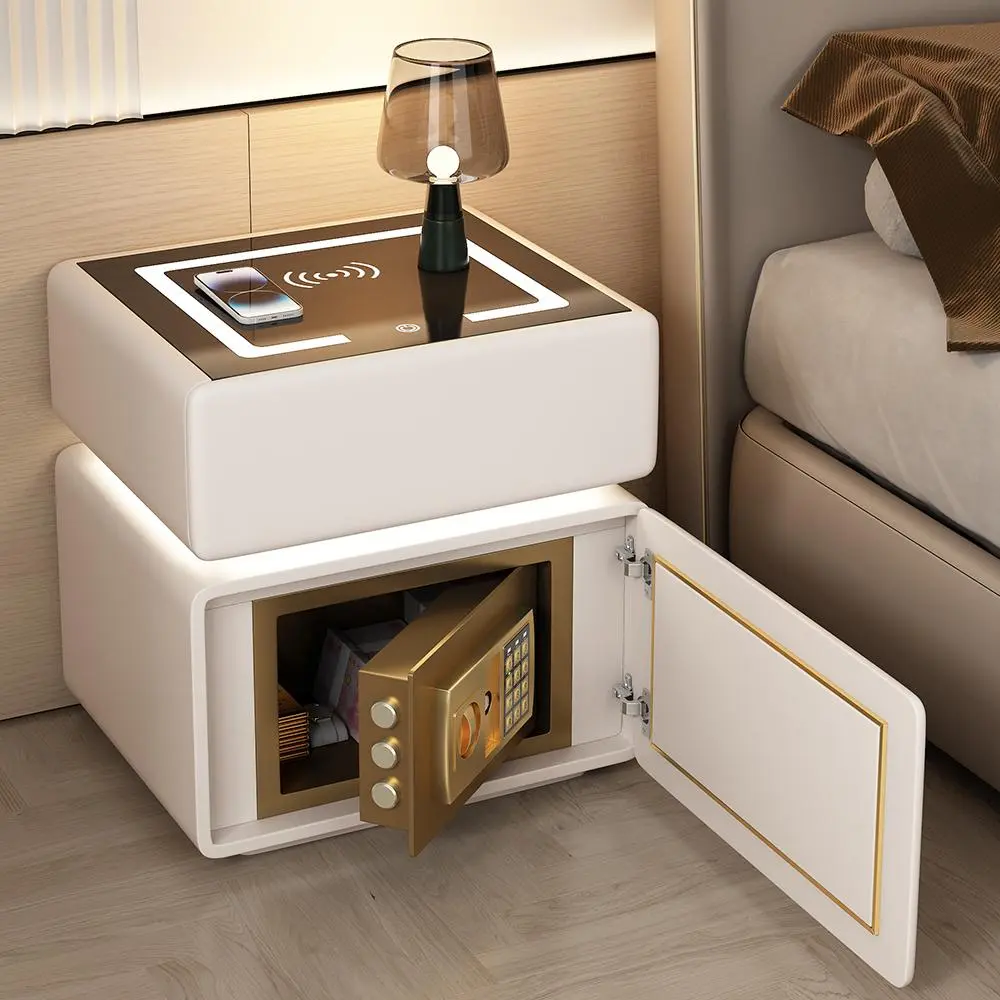 Light Luxury Solid Wood Bedroom Nightstand Furniture - Leather-Finish Floor-Standing, No Installation Required, Built-In Safe, Drawer, Wireless Charging, Integrated Night Light, House Furniture