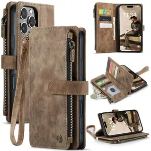 Magnetic Vintage Multi-Chain Leather Wallet for iPhone 11 12 13 14 15 Plus 16 17 Pro Max, RFID Blocking, Fashionable Case for Men and Women