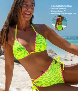 Popvil Halter Lace-up Leopard Triangle Bikini Set,Tummy Control High Waisted Neon Swimsuit for Women, Neon Bathing Suit,dealsforyoudays