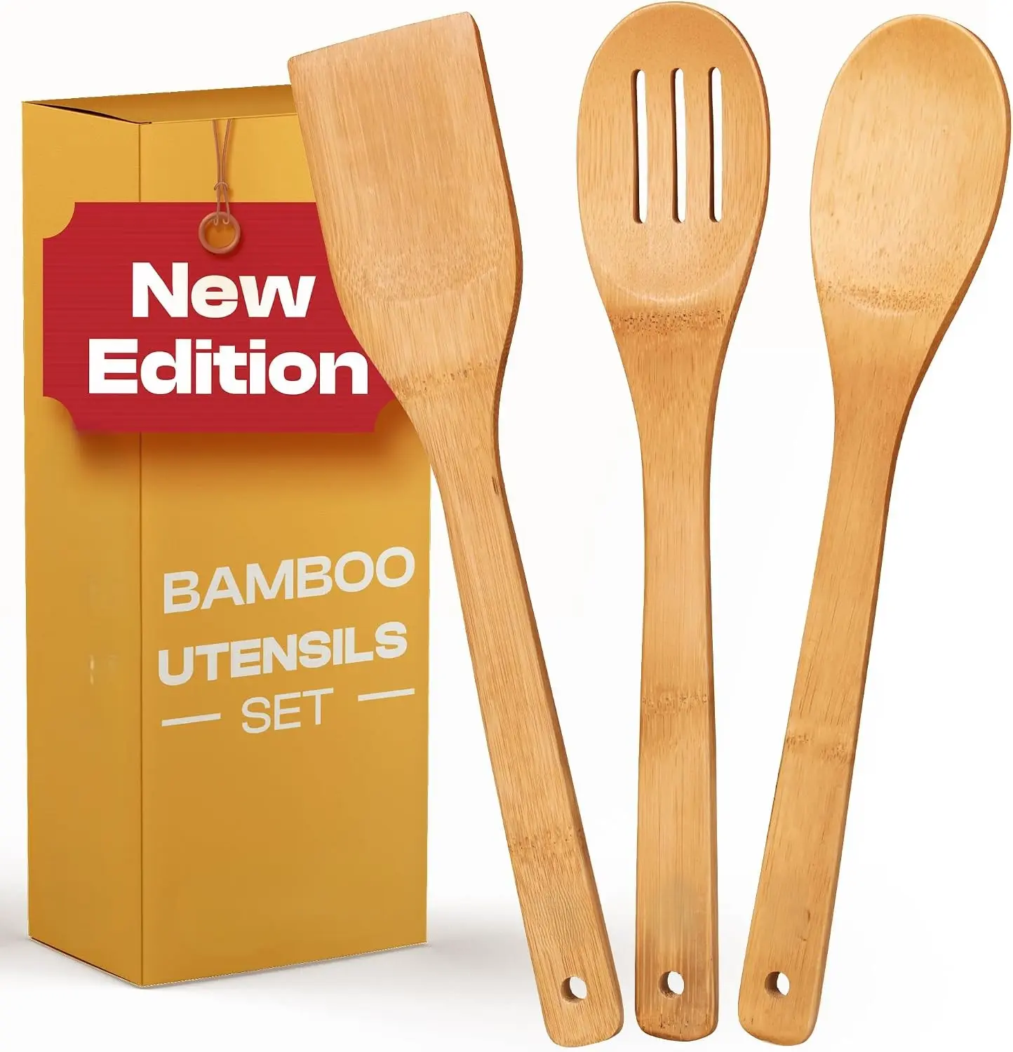 3-Piece Bamboo Wooden Cooking Spoon Set, Wooden Spatula Kitchen Utensils for Nonstick Cookware, Everyday Kitchen Essentials