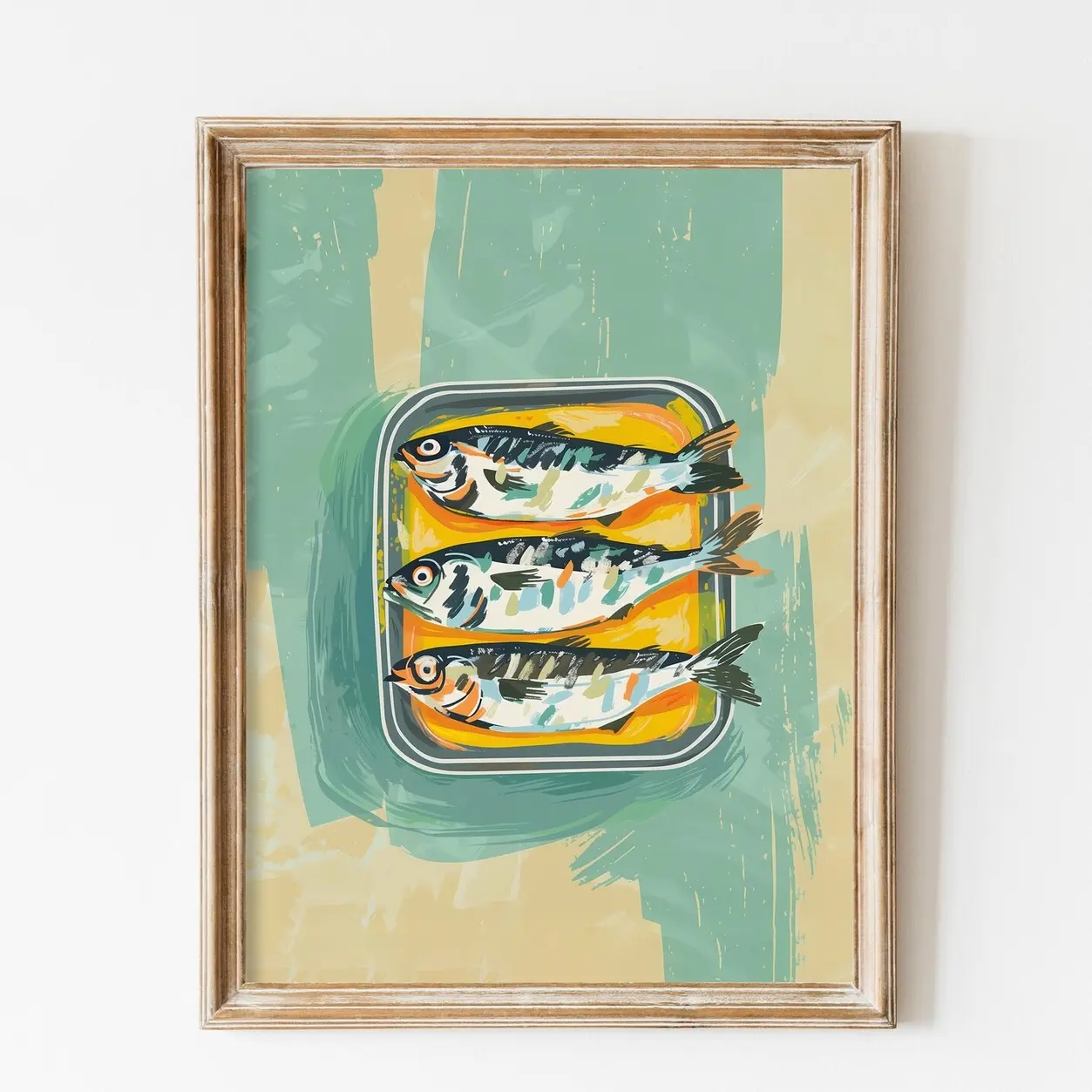 Mint Green Sardines Art Print: Retro Kitchen Decor Frameless D