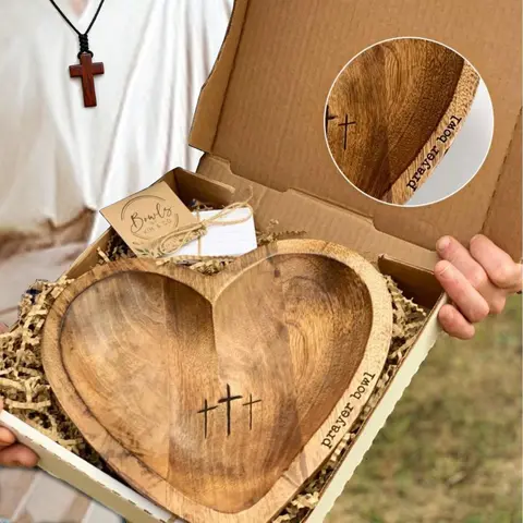 Wooden Heart Prayer Bowl with 24 Prayer Cards, Handcrafted Vintage Prayer Bowl Meditation Bowl, Heart Chakra Healing Emotional Healing Tool Mindfulness Tool, Self-love Ritual, Gentle Meditation Sound, Mindful Living, Spiritual Home Decor, Christian Gifts