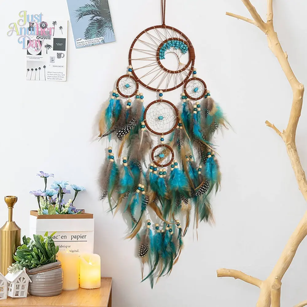 Bohemian Turquoise Feather Dream Catcher Wall Hanging, Multi-Ring Handmade Home Decor, Aesthetic Bedroom Ornament, Perfect Birthday Gift for Girls & Women