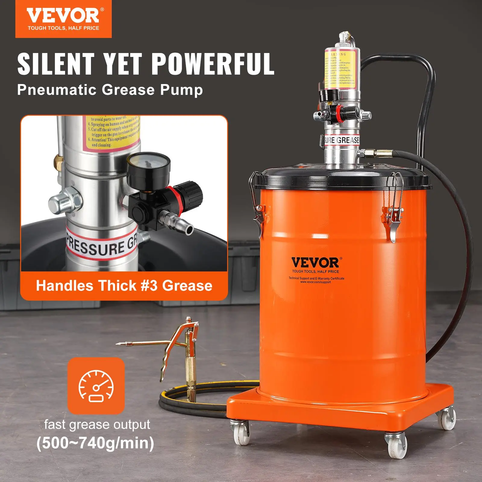 【summerfinds】VEVOR Grease Pump, 10.5 Gallon 40L Air Operated Grease Pump with 13 ft High Pressure Hose and Grease Gun, Pneumatic Grease Bucket Pump with Wheels, Portable Lubrication Grease Pump 50:1 Pressure Ratio