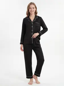 Women's Solid Color Satin Pajama Set Long Sleeve Long Pants Two-Piece Loose Loungewear Pjs Homewear Womenswear Lady Nightwear