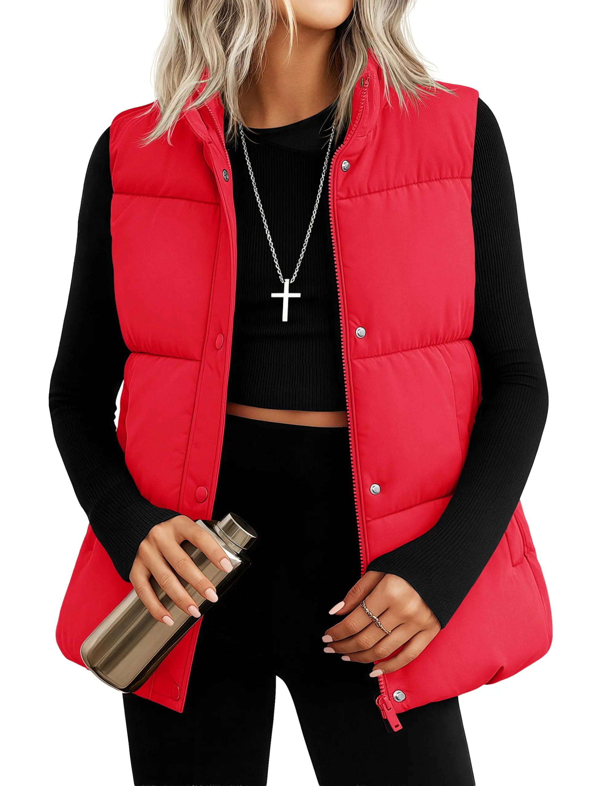 Cotrasen  Down Puffer Vest for Women Warm Winter Quilted Padded Puffy Vests with Pockets Stand Collar Zip Up Coat