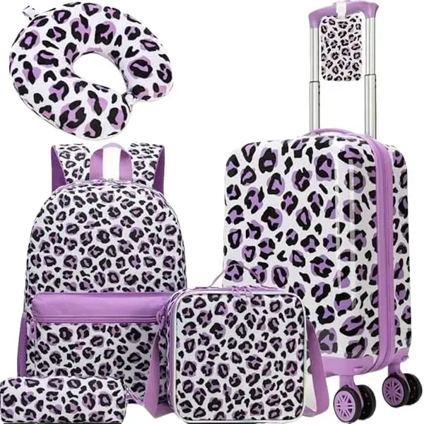 Kids' 5-Piece Luggage Set, Chic Purple Leopard Print Waterproof Trolley Bag with Spinner Wheels & Backpack for Girls, Luggage/Trolley Bag, Cute Luggage