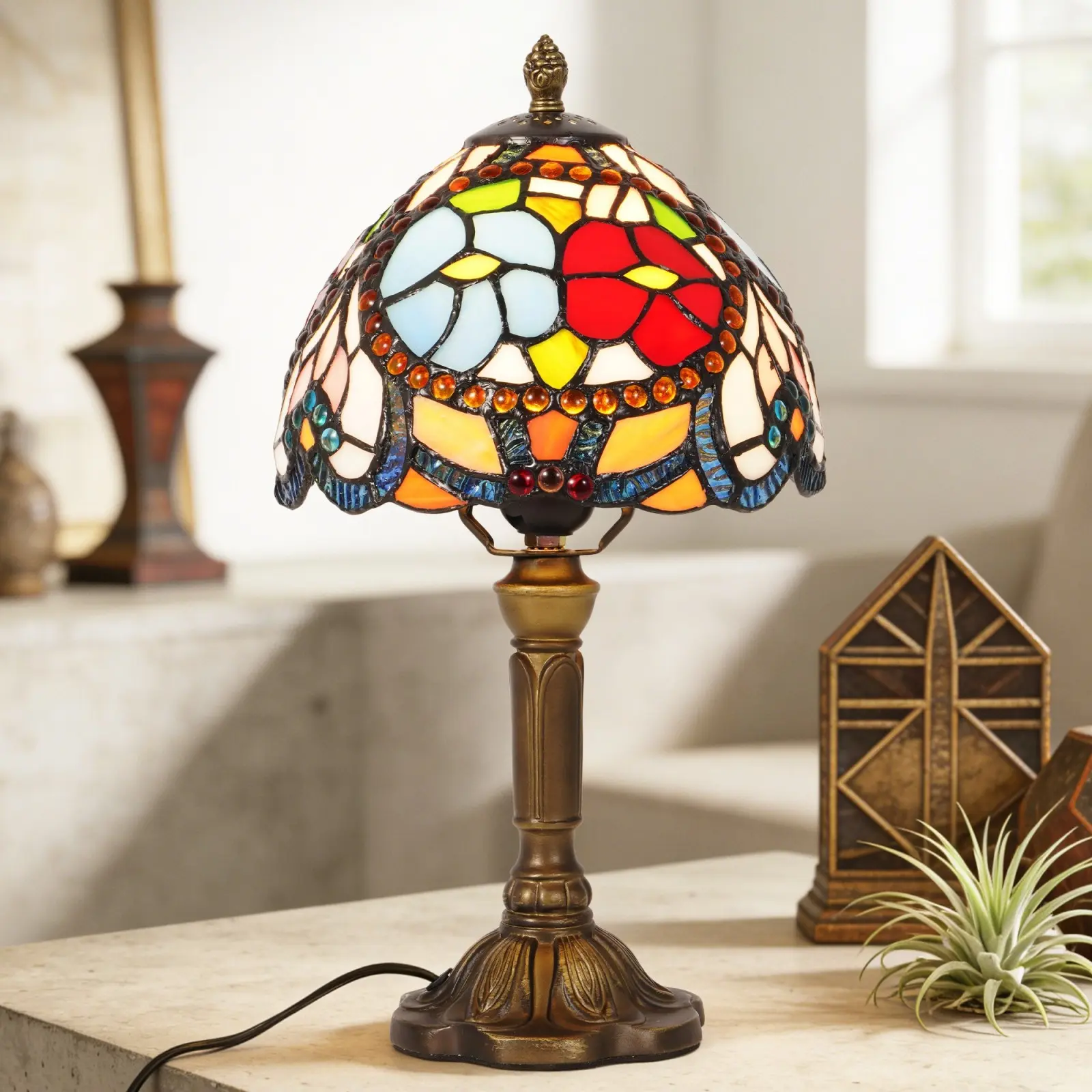 8in Vintage Round Floral Bead Tiffany Table Lamp - Antique Bronze Resin Base, E26 Plug-In Warm Light for Bedroom Bedside Farmhouse Home Decor