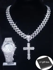 Rhinestone Decorated Cross Pendant & Watch & Chain Bracelet, Fashion Jewelry Set Men Jewelry for Party, Daily Clothing Decor, Trendy All-match & Exquisite Jewelry for Birthday Gift, Fashionable Jewelry Set