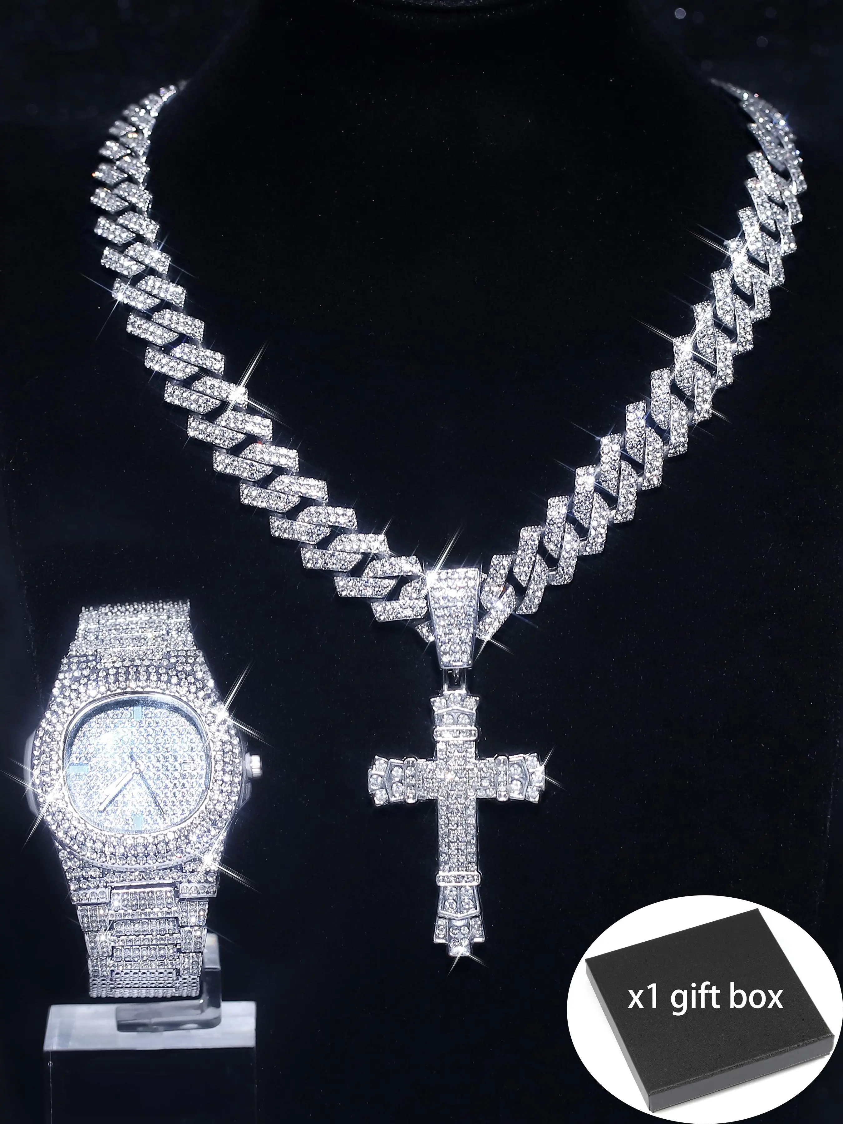 Rhinestone Decorated Cross Pendant & Watch & Chain Bracelet, Fashion Jewelry Set Men Jewelry for Party, Daily Clothing Decor, Trendy All-match & Exquisite Jewelry for Birthday Gift, Fashionable Jewelry Set, Jewellery Gift Set