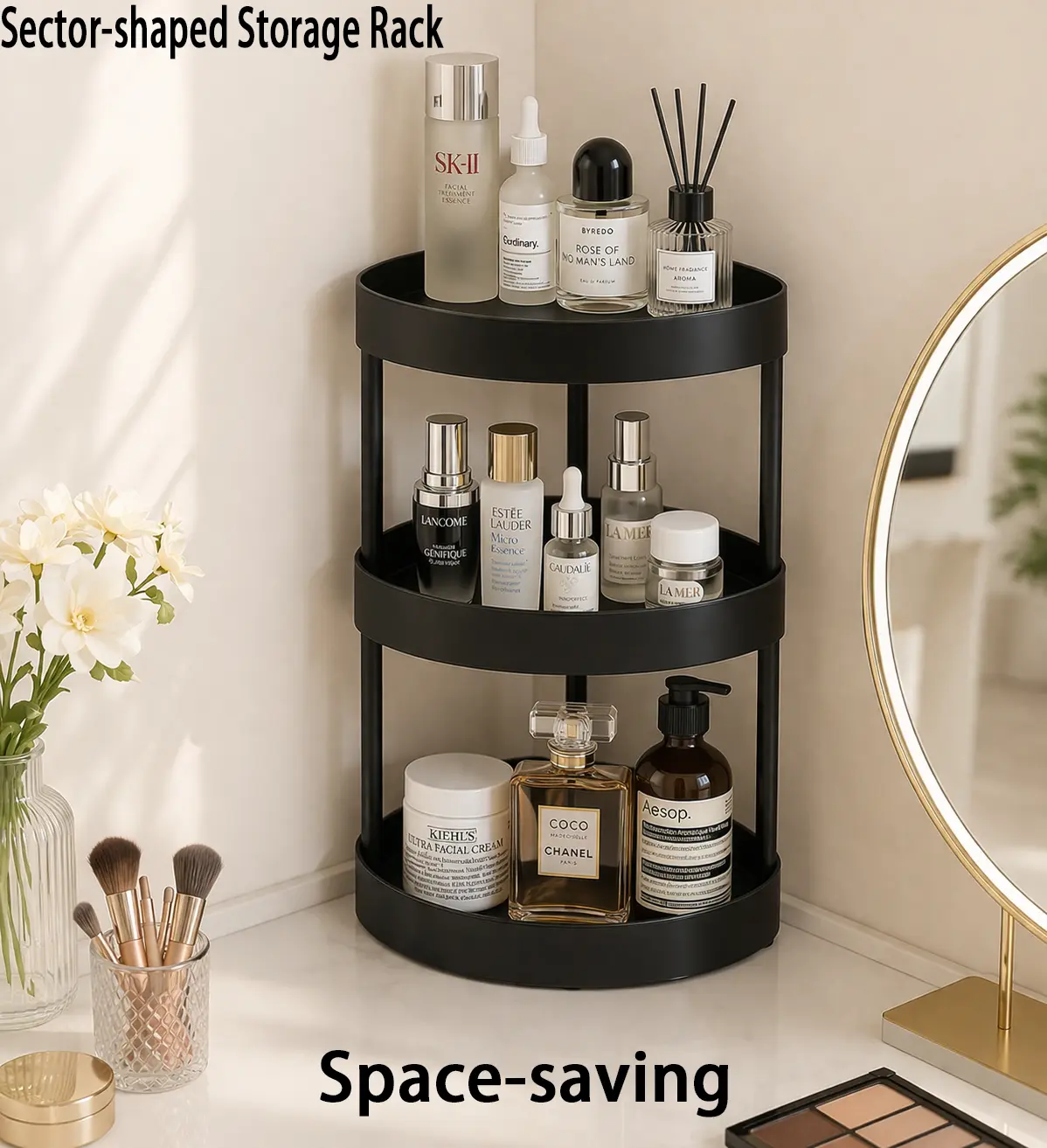 2-3-4 Tier Sector-Shape Sturdy Plastic Corner Shelf, Lightweight Large Capacity Corner Storage Organizer, Maximize Unused Space Home Supply for Bathroom Kitchen, Keep Countertop Clean, With or Without Wheels, Compact