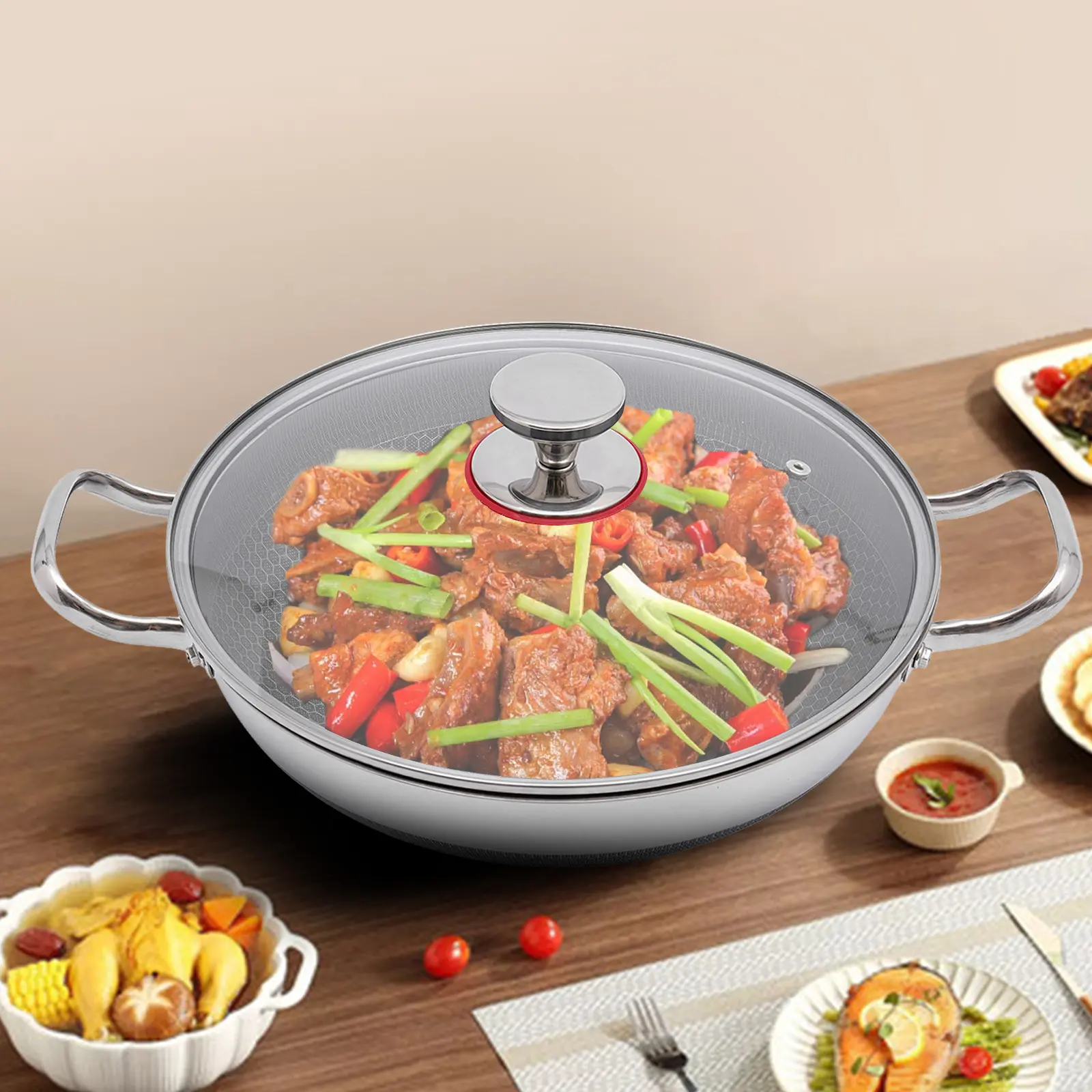 Nonstick Deep Frying Pan with Glass Lid 316 Stainless Steel Skillet for Induction Gas Ceramic Electric Stovetops Two Handle Hold Silver Cookware Modern Round Shape 32cm Diameter Lead-Free Material For Family Meals, Quick Clean Boil