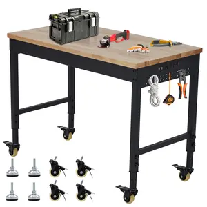 Heavy-Duty Adjustable Height Workbench 72" x 25" – 2000 lbs Capacity, Mobile Rubberwood Top Table with Power Outlets, Pegboard & Locking Wheels, Perfect for Garage, Workshop, Office, Commercial Use
