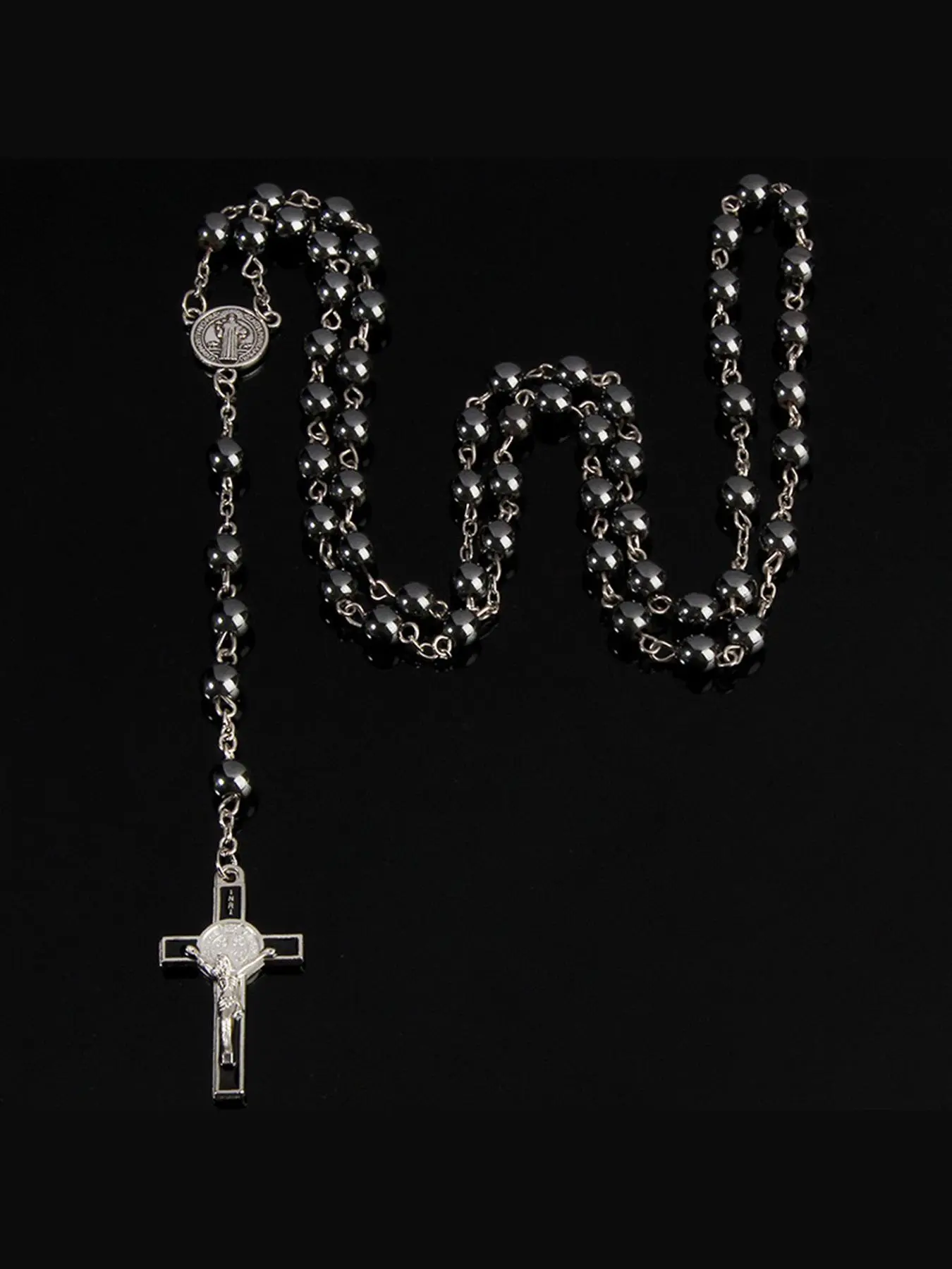 Stainless Steel Saint Benedict Rose Pendant Necklace for Men, Y-Type Bead Necklace, Plain Style, Alloy Chain, All Seasons Party Jewelry, Faith Necklace, Beaded Pendant Necklace