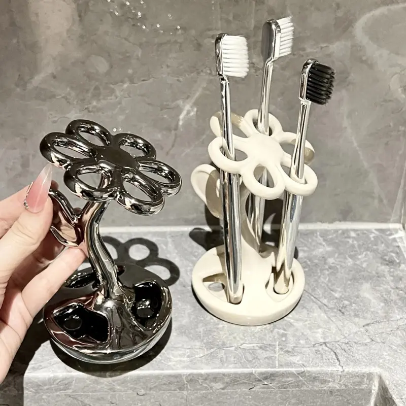 Ceramic Toothbrush Holder Flower-Shaped - Boho Multifunctional Storage for Toothbrushes & Makeup Brushes, Creative Bathroom Accessory Stand, Toothbrush Holders Wall Mounted Organizers