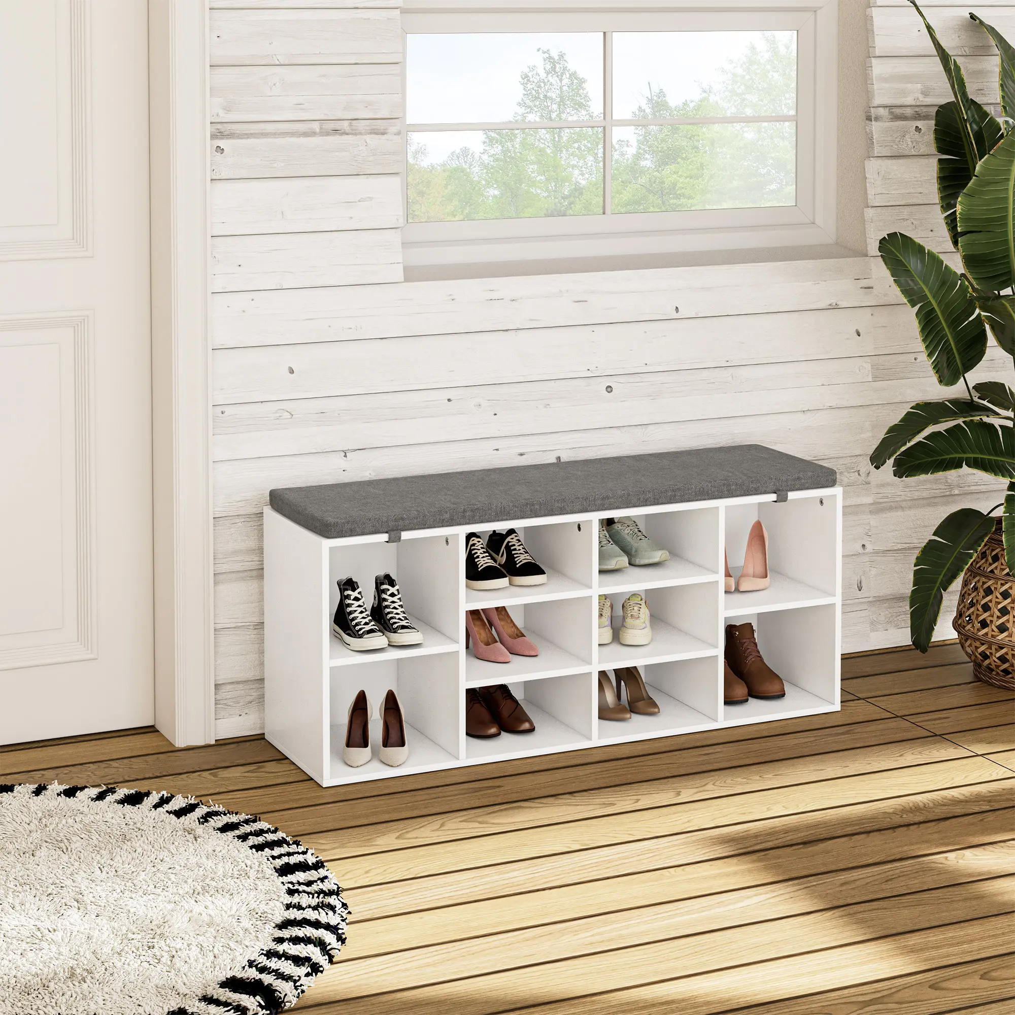 Shoe Storage Bench – 3-Tier Shoe Rack with Cushioned Seat, Multifunctional Entryway Bench for Front Door Entrance