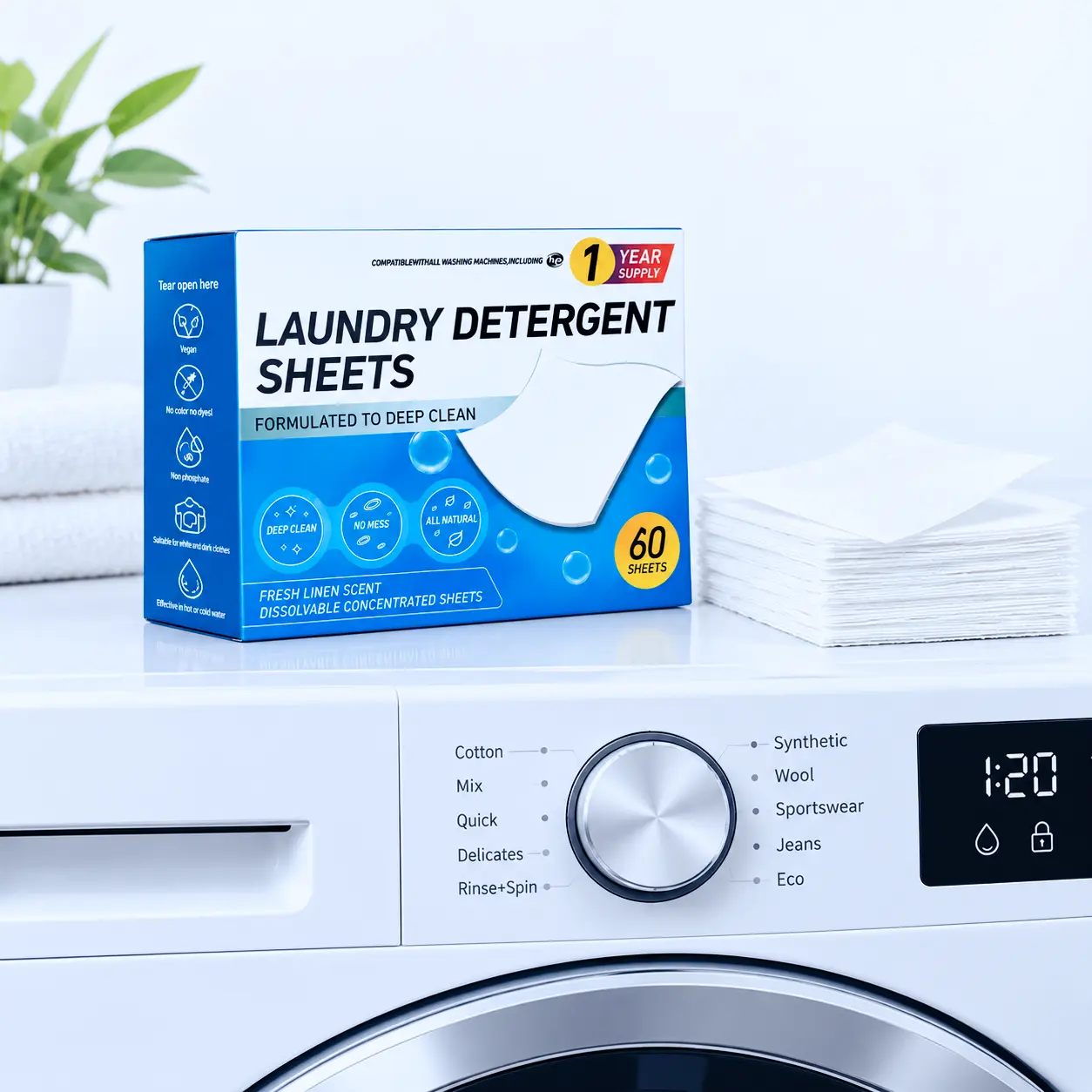 Pet Laundry Detergent Sheets Fresh Breeze (60/Pack) – Scented Sheets for Dog & Cat Blankets, Beds, Towels and Toys, Dissolves Fully in Water, Works in HE Machines, Recyclable Packaging
