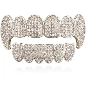 Diamond Vampire Fangs Grillz Gold Plated Shiny Hip Hop Teeth Grillz Caps Iced Out Top and Bottom Grills for Men and Women