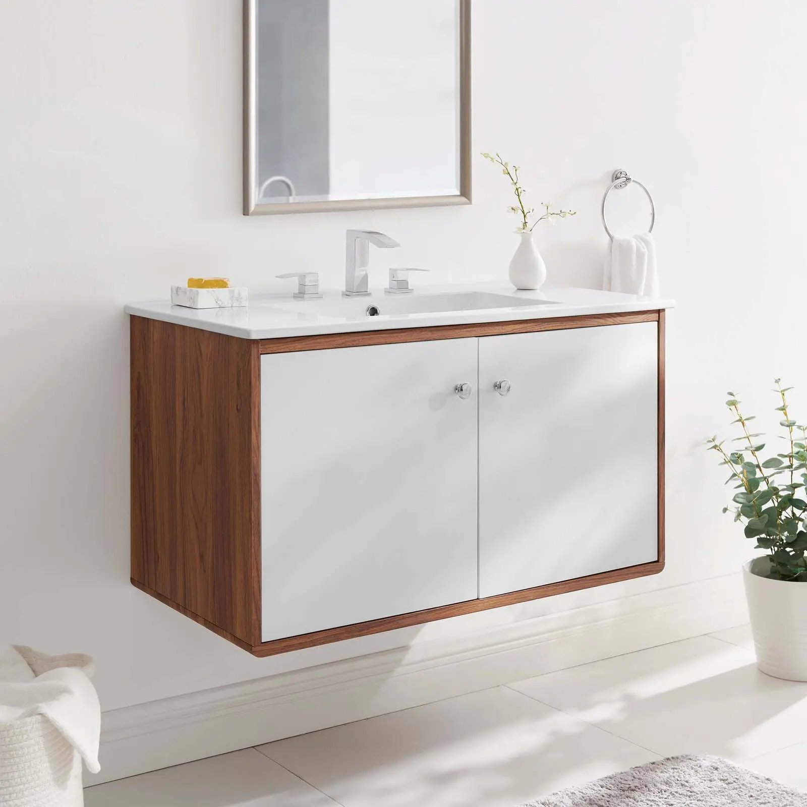 Modway Transmit 36" Retro Wall-Hanging Modern Bathroom Vanity Set with Rectangular Sink, Cabinet, Countertop, Space-Saving Storage (Walnut White Finish)