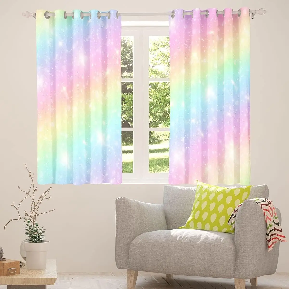 Feelyou Rainbow Tie Dye Pastel Abstract Watercolor Grommet Curtains - Designer Fabric Print Art Style Curtains, Cute Room Decor Window Treatments for Cozy Home Textile Drapes, Room Decor Curtain