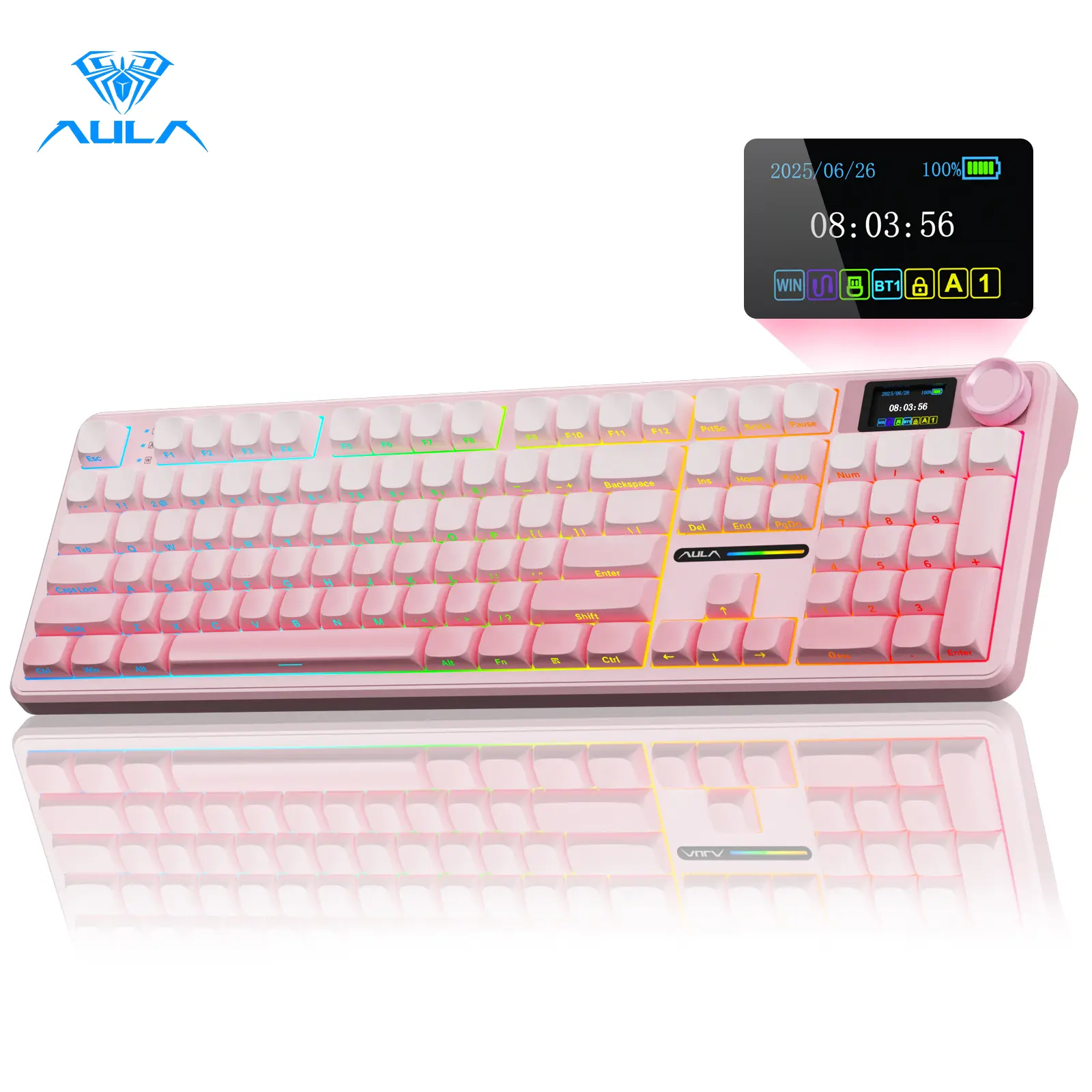 [Restock]AULA F108 Pro Pink Wireless Mechanical Gaming Keyboard, Full Size 104-Key Keyboard with Smart Screen & Knob, Tri-Mode RGB Backlit, Hot Swappable Custom Keyboard for Office and Gaming,summerwins