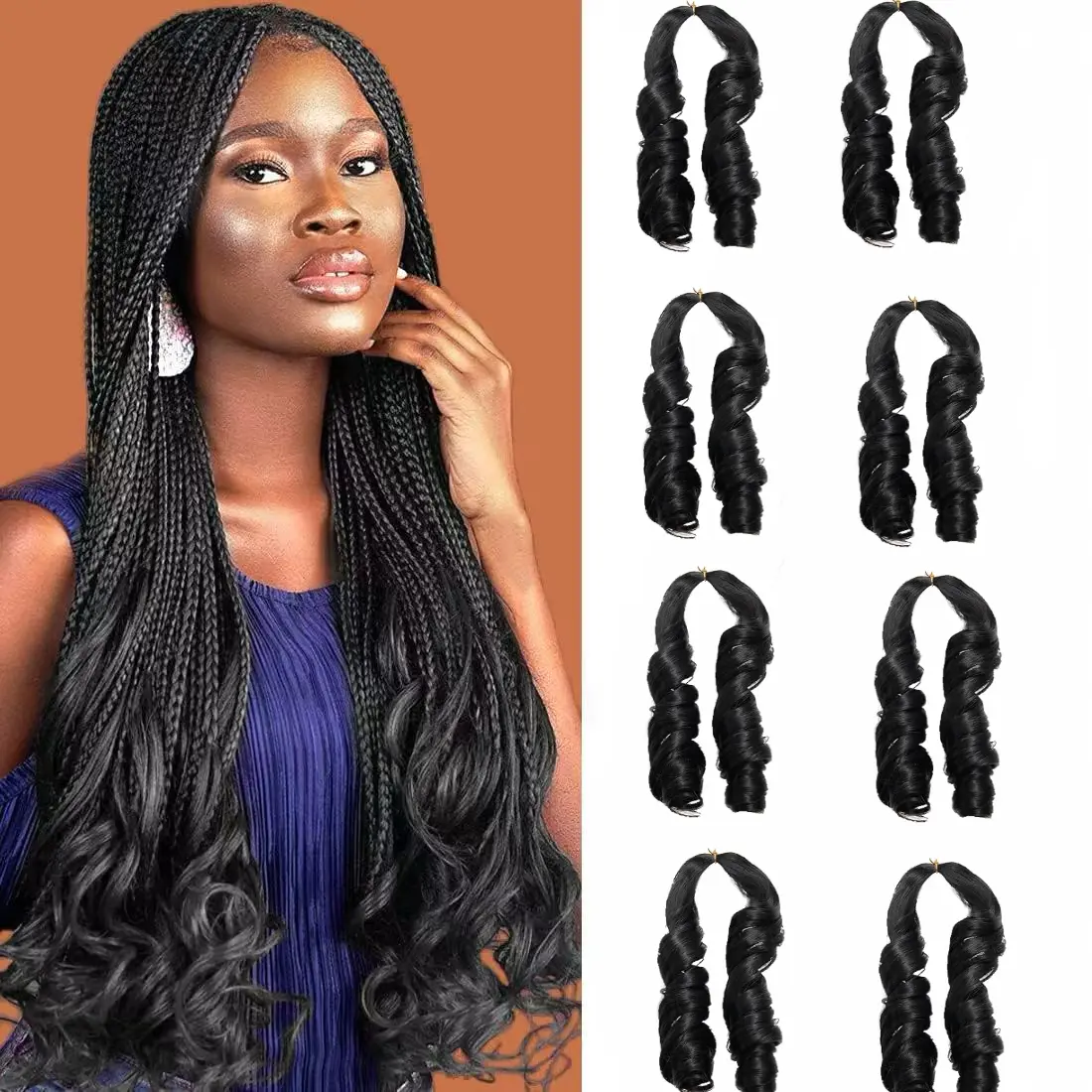 8 Packs French Curly Braiding Hair Curly Crochet hair Synthetic hair extensions Loose Wavy  Black Bouncy Braiding Hair Extensions Synthetic Box Braids Foxtail Braids for Black Women Glueless Kinky Straight Hair Weave