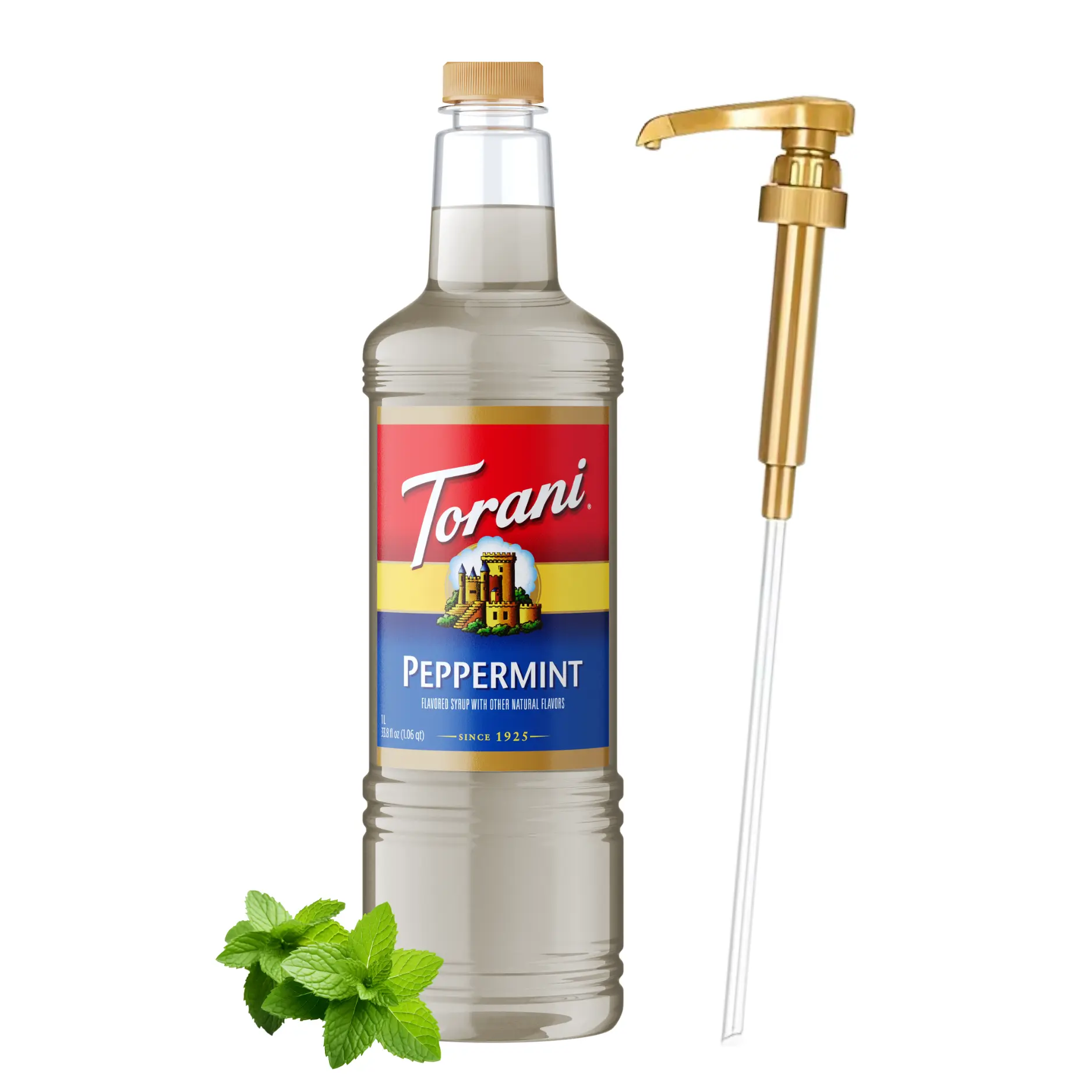 Torani Peppermint Syrup, 1L Bottle with BPA-Free Pump - Premium Coffee & Beverage Flavoring, Pure Cane Sugar, Natural Flavors for Lattes, Desserts - Cafe-Quality Sweetener