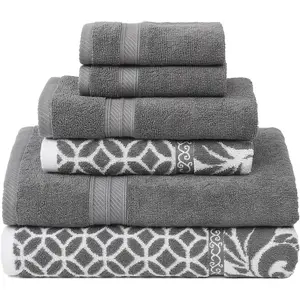 Trefoil Filigree 6-Piece 100% Cotton Towel Set – Reversible Yarn Dyed Jacquard – Includes 2 Bath Towels, 2 Hand Towels, 2 Washcloths – Absorbent, Quick Dry, Soft & Durable – Dark Gray