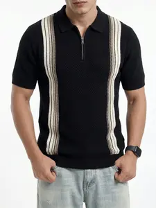 Men's Ice Silk Cool Fabric Summer Beach Holiday Striped Half-Zip Slim Fit Sports Polo Shirt Stylish Casual Style