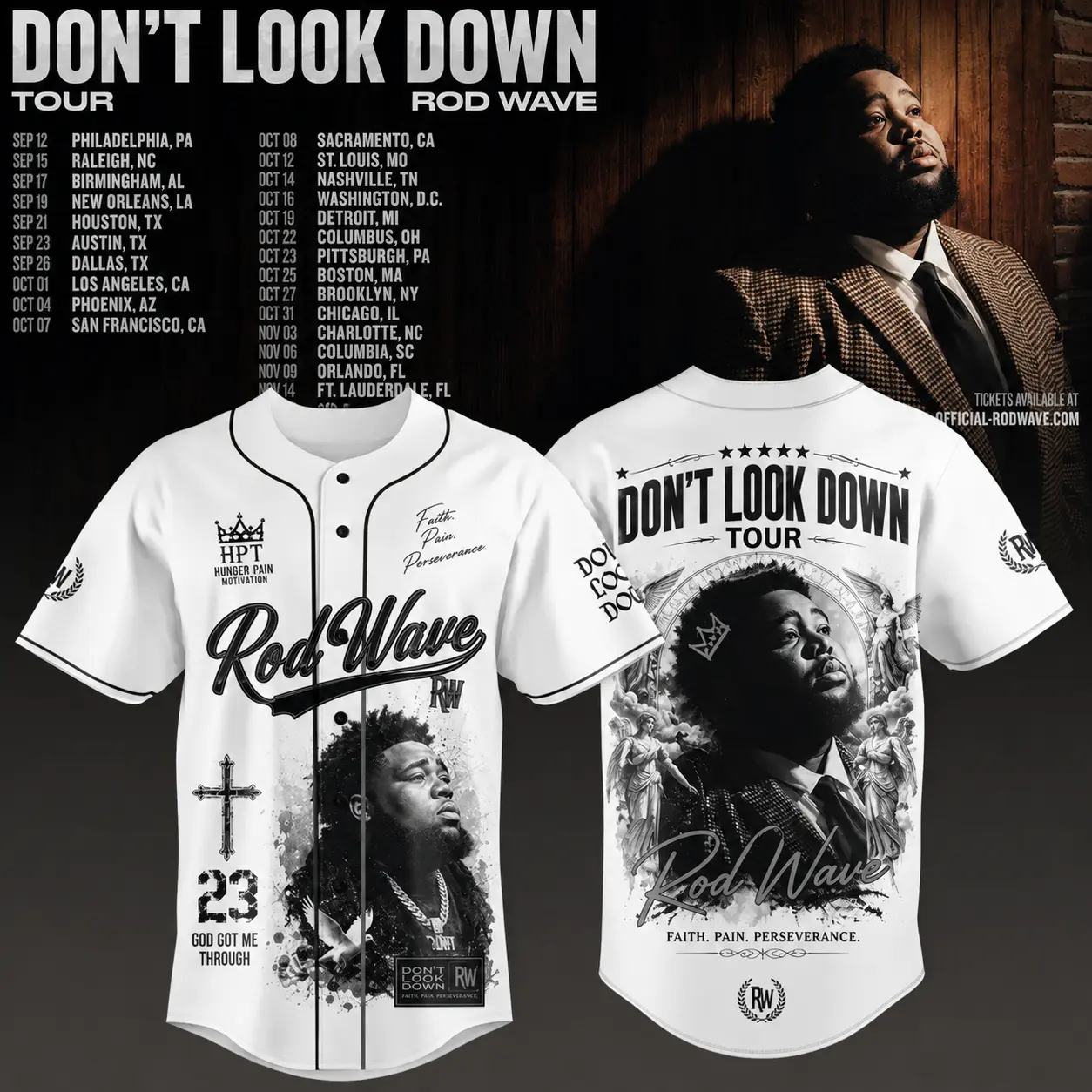 Rod Wave "Don't Look Down" Tour Baseball Jersey Shirt, Hip Hop Graphic Tee Button Down Shirt, Music Concert Merch For Both Men and Women