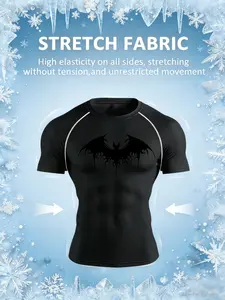 Men's Compression Fit Training Top, Bat Pattern High Elasticity, Stretch Fabric, Short Sleeve Sportswear for Running, Boxing, Gym Workout