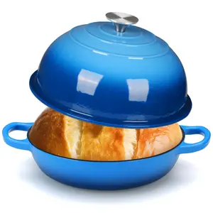 6qt Enameled Cast Iron Dutch Oven for Bread Baking, Non-Stick Dome-Shaped Bread Oven Pot with Lid, Silicone Handles and Scraper, Blue