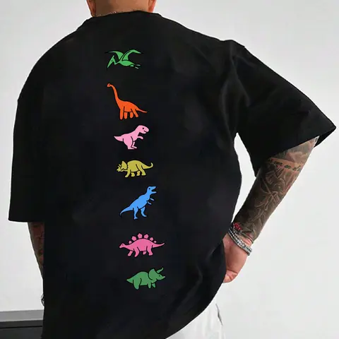 Unisex Men's Dinosaur Print Drop Shoulder Tee, Street Fashion Casual Printed Short Sleeve Round Neck T-Shirt for Daily Wear, Men's Clothes for Summer, Streetwear
