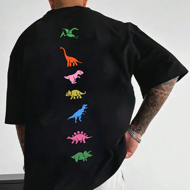 Unisex Men's Dinosaur Print Drop Shoulder Tee, Street Fashion Casual Printed Short Sleeve Round Neck T-Shirt for Daily Wear, Men's Clothes for Summer, Streetwear