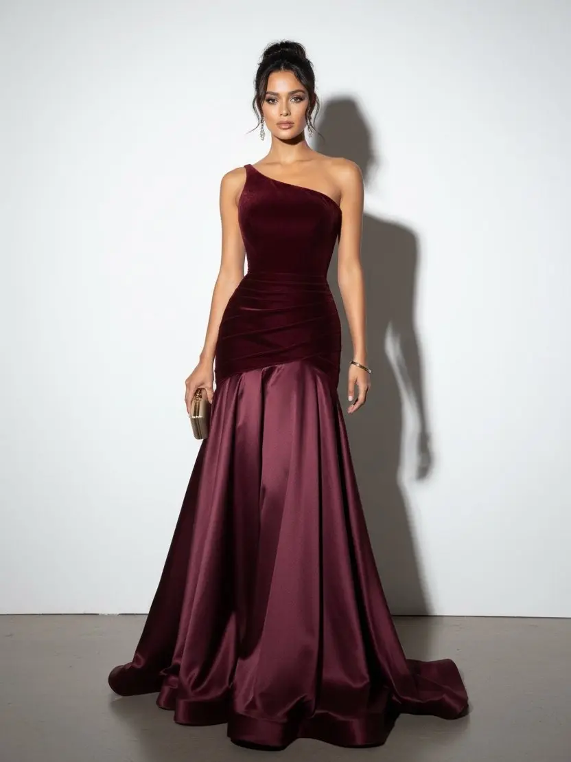 FEHAUTE Women's Burgundy One Shoulder Formal Floor-Length Maxi Gown, A-Line Velvet Satin Dress with Ruched, Back Zip for Wedding Guest Parties Rucheddress Wedding Attire