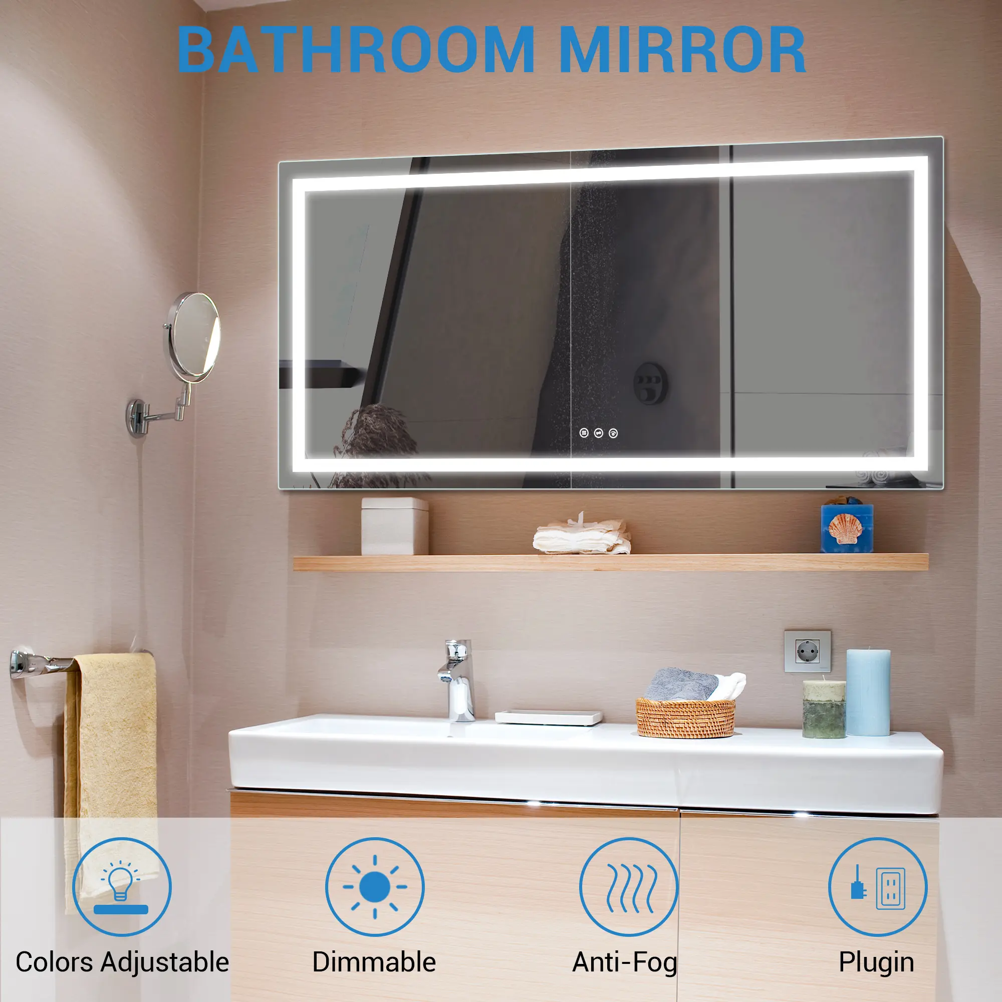 Garvee Double LED Backlit Bathroom Mirror – Modern Vanity Wall Mirror with Dimmable Lighting, Anti-Fog, Shatter-Proof Glass, Memory Function, 3 Color Modes, Horizontal or Vertical Mount – Size Options: 60x30, 72x36, 84x32 inches