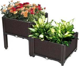 2 Sets Raised Garden Bed with Legs, Square Elevated Planter Garden Box with Drainage Plug for Indoor Outdoor Planting Flowers Vegetables Tomato and Herbs