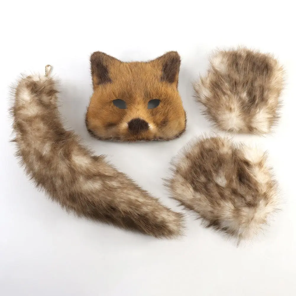 Fluffy Fur Fox Tail Keychain Cat Paws Gloves and Wolf Therian Mask Set for Halloween Cosplay Costume Accessories