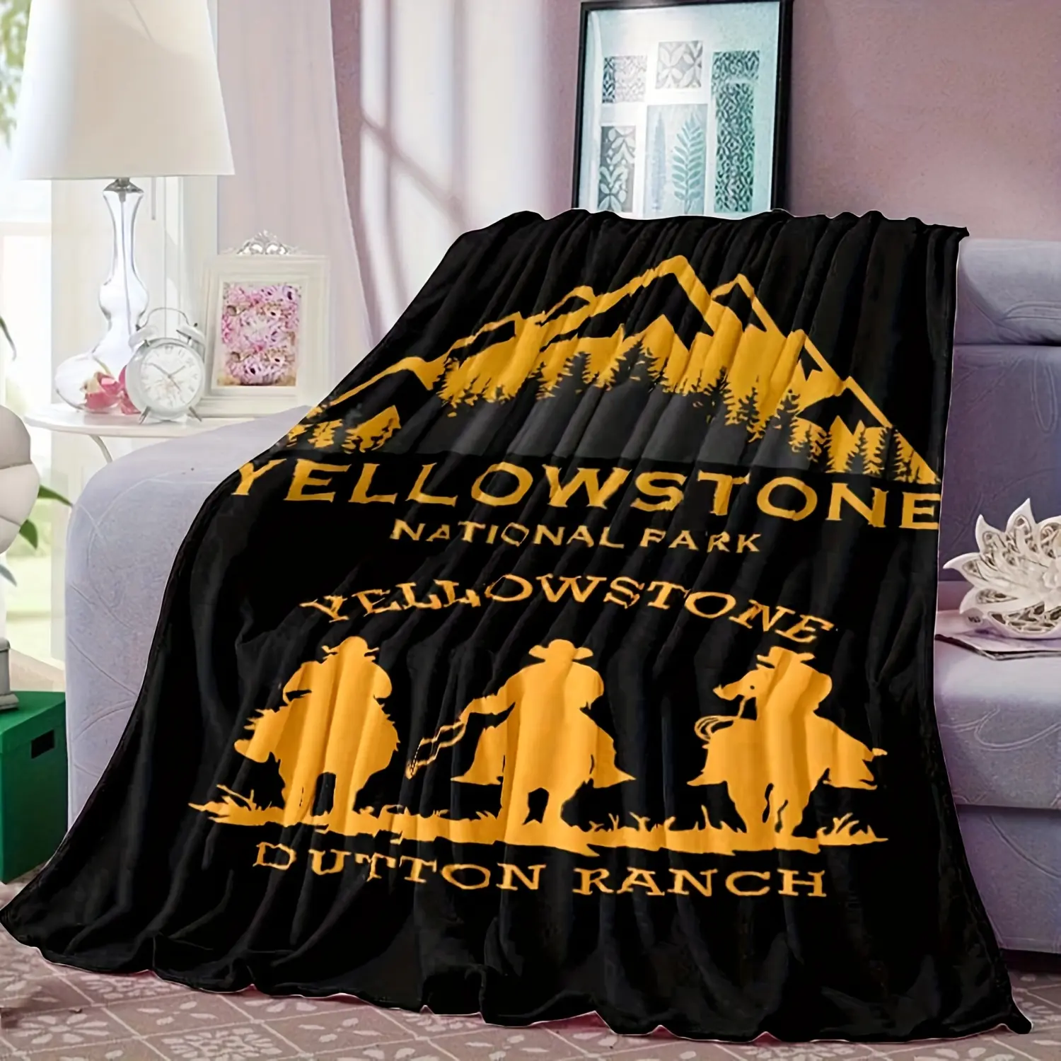 Glam Yellowstone National Park Retro Vintage Printed Denim Blanket - 280GSM, Soft, Comfortable, Wrinkle Resistant, Durable, Fade Resistant, Machine Washable, Portable All-Season Vehicle Camping Blanket, Ideal Gift for Families