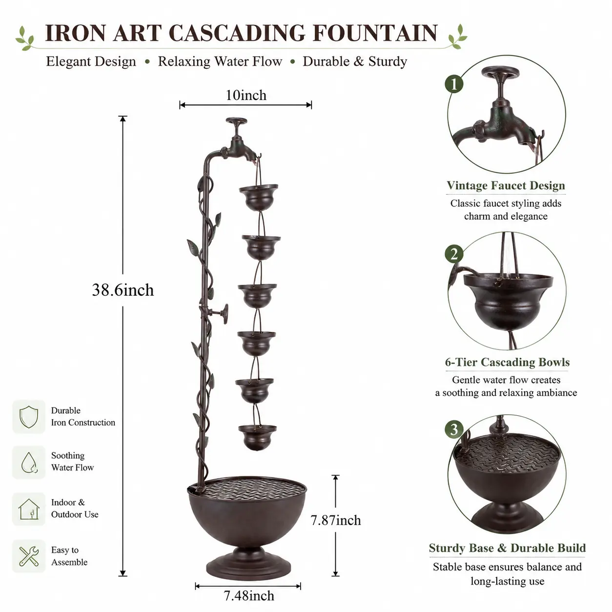 6-Tier Cascading Metal Outdoor Water Fountain with Vintage Faucet Design, Garden Decor for Patio, Lawn & Relaxing Outdoor Spaces (Home Improvement Pond Fountain)