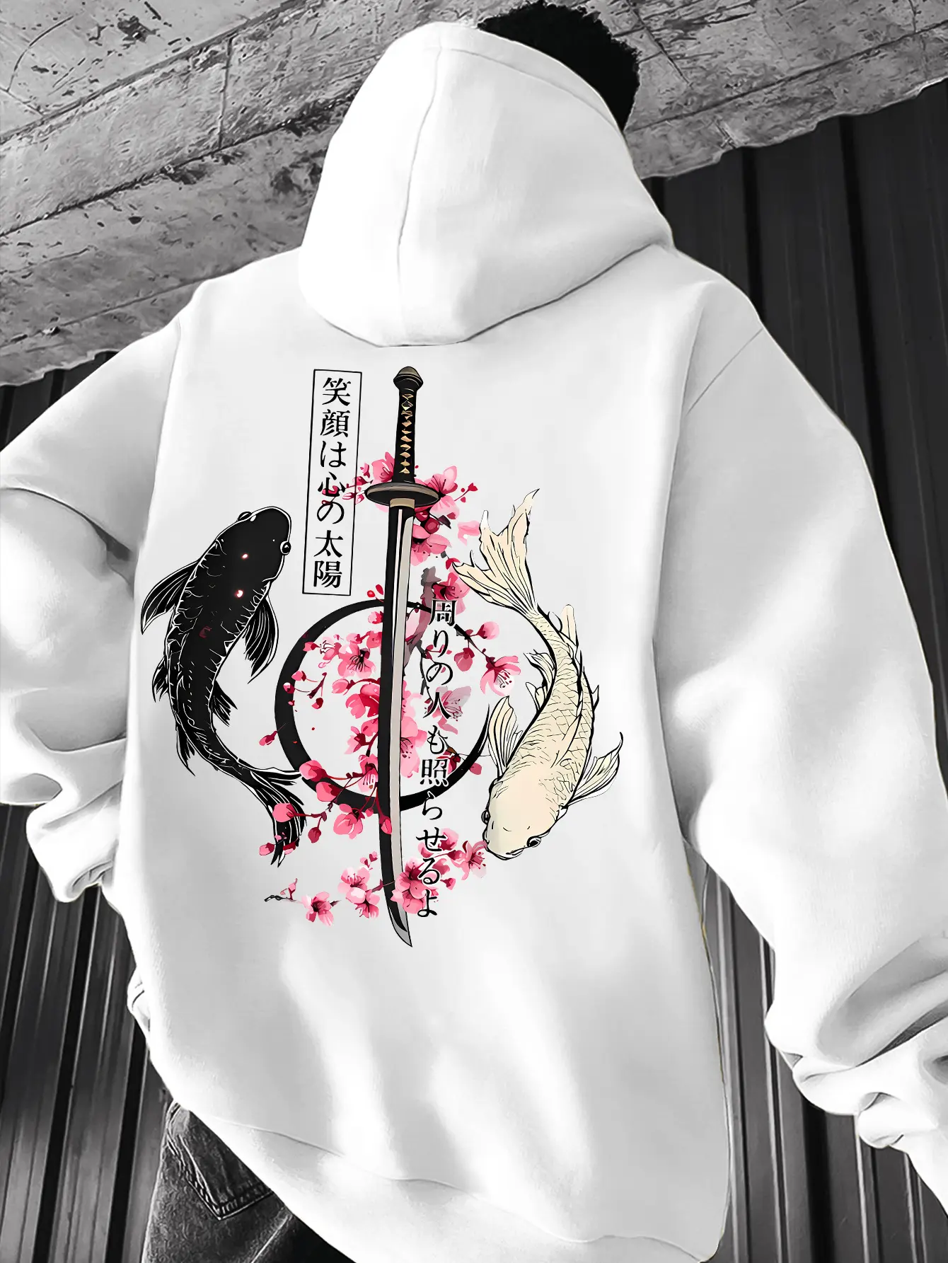 Japanese Yin Yang Koi Fish Samurai Katana Cherry Blossom Hoodie Zen Enso Circle Japanese Text Back Print Unisex Hooded Sweatshirt Vintage Japan Streetwear Hoodie Sakura Koi Warrior Sword Inspirational Japanese Quote Aesthetic Oversized Hoodie