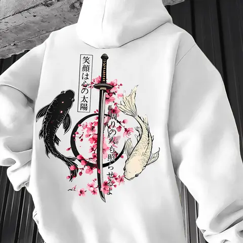 Japanese Yin Yang Koi Fish Samurai Katana Cherry Blossom Hoodie Zen Enso Circle Japanese Text Back Print Unisex Hooded Sweatshirt Vintage Japan Streetwear Hoodie Sakura Koi Warrior Sword Inspirational Japanese Quote Aesthetic Oversized Hoodie
