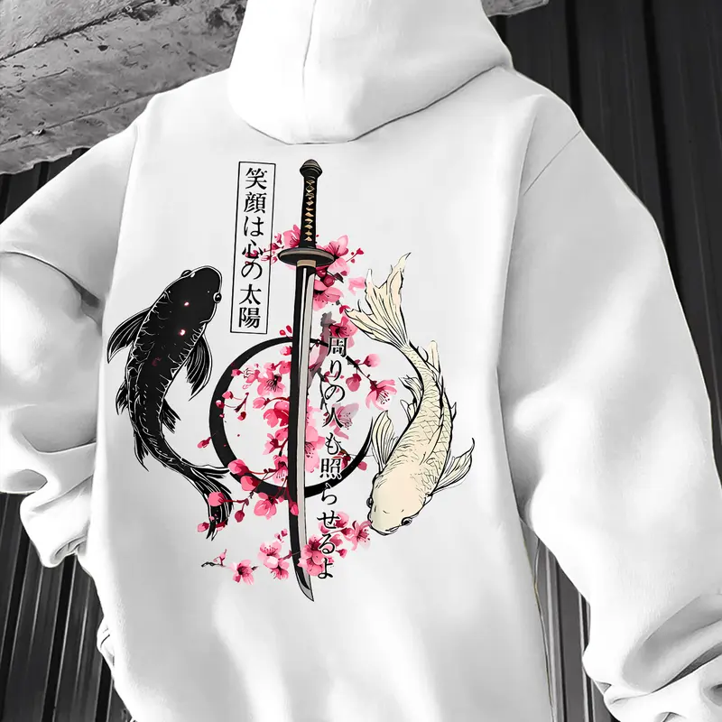 Japanese Yin Yang Koi Fish Samurai Katana Cherry Blossom Hoodie Zen Enso Circle Japanese Text Back Print Unisex Hooded Sweatshirt Vintage Japan Streetwear Hoodie Sakura Koi Warrior Sword Inspirational Japanese Quote Aesthetic Oversized Hoodie