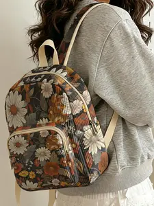 1 piece of floral pattern 2D printed ladies' backpack, corduroy texture + layered storage + lightweight and easy to carry|Perfect for students to go to class/shopping/short trips|Combines atmosphere with practicality