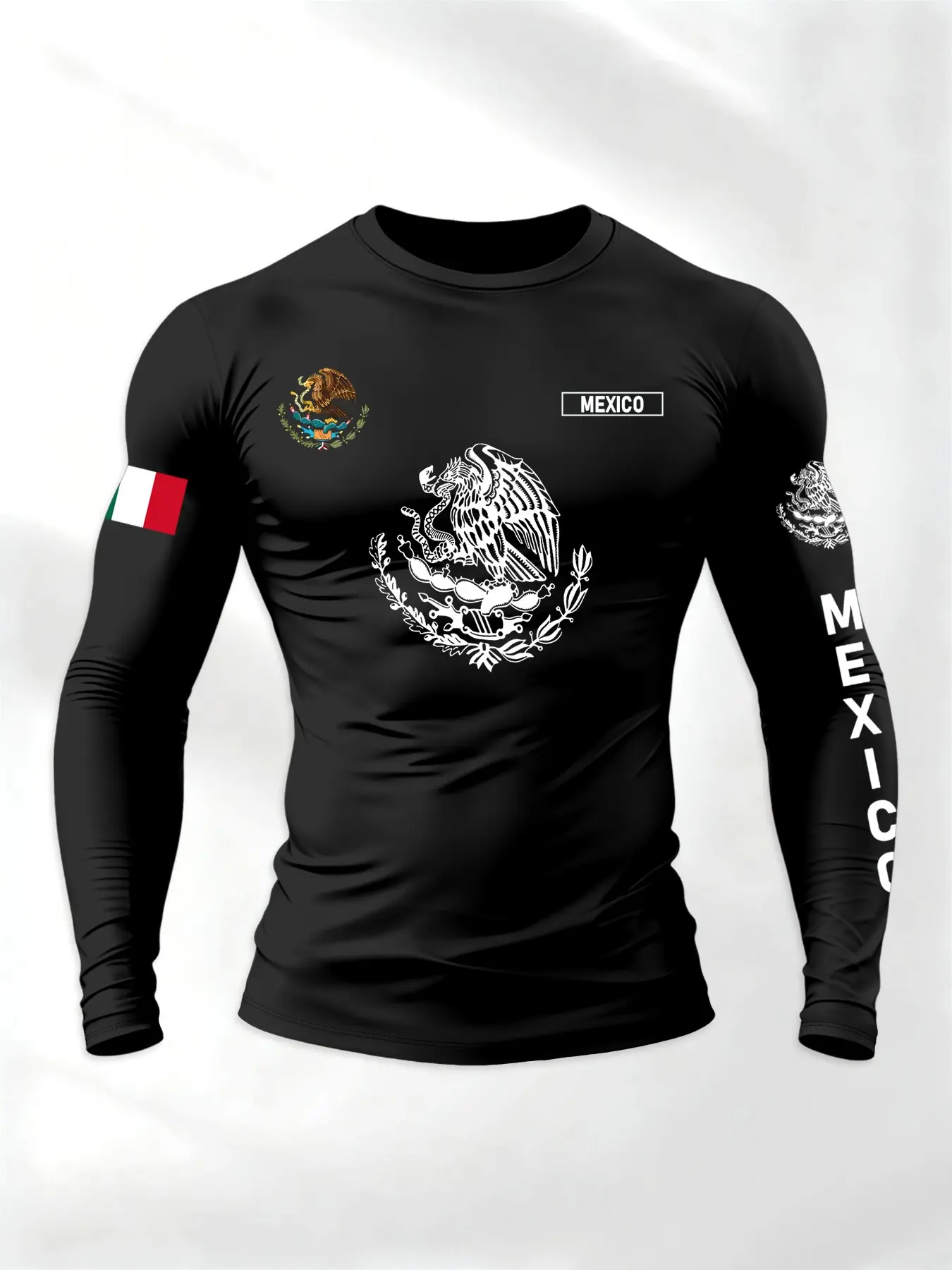 Men's Sporty Long Sleeve T-Shirt, Athletic Tops, Athletic Apparel, Activewear Tees, Spring & Fall Fashion Round Neck, Mexican Eagle Snake Athletic Letter Print Letter Pattern, Comfortable Streetwear, Athletic Style Shirt, Athletic Clothes