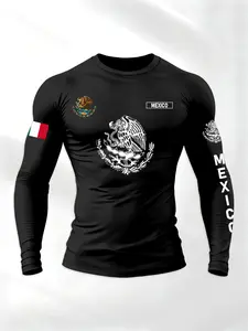 Men's Sporty Long Sleeve T-Shirt, Athletic Tops, Spring & Fall Fashion Round Neck, Mexican Eagle Snake Letter Pattern, Comfortable Streetwear
